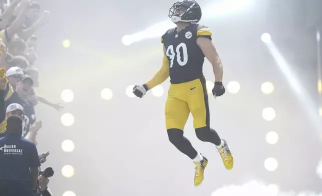 Pittsburgh Steelers linebacker T.J. Watt is introduced before an NFL football game against the Los Angeles Chargers, Sunday, Sept. 22, 2024, in Pittsburgh. (AP Photo/Matt Freed)