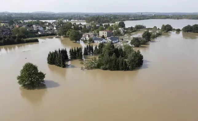 An aerial view of a flooded neighbourhood in Bohumin, Czech Republic, Tuesday, Sept. 17, 2024. (AP Photo/Darko Bandic)