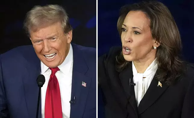 This combination of photos shows Republican presidential nominee former President Donald Trump, left, and Democratic presidential nominee Vice President Kamala Harris during an ABC News presidential debate at the National Constitution Center, Tuesday, Sept. 10, 2024, in Philadelphia. (AP Photo/Alex Brandon)