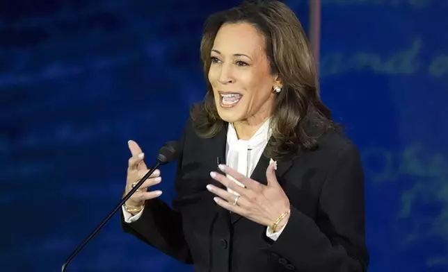 Democratic presidential nominee Vice President Kamala Harris speaks during a presidential debate with Republican presidential nominee former President Donald Trump at the National Constitution Center, Tuesday, Sept.10, 2024, in Philadelphia. (AP Photo/Alex Brandon)