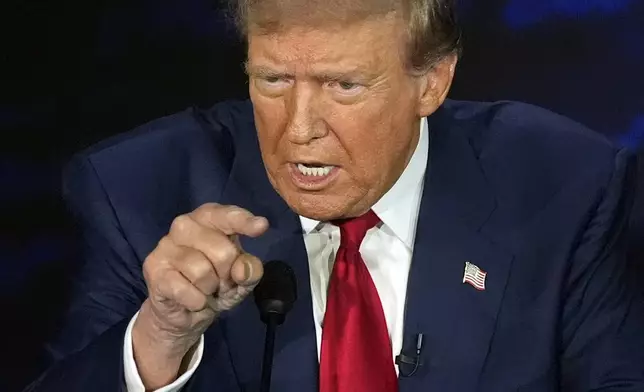 Republican presidential nominee former President Donald Trump speaks during a presidential debate with Democratic presidential nominee Vice President Kamala Harris at the National Constitution Center, Tuesday, Sept.10, 2024, in Philadelphia. (AP Photo/Alex Brandon)