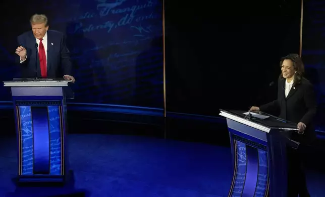 Republican presidential nominee former President Donald Trump and Democratic presidential nominee Vice President Kamala Harris participate during an ABC News presidential debate at the National Constitution Center, Tuesday, Sept.10, 2024, in Philadelphia. (AP Photo/Alex Brandon)