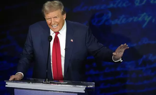 Republican presidential nominee former President Donald Trump speaks during a presidential debate with Democratic presidential nominee Vice President Kamala Harris at the National Constitution Center, Tuesday, Sept.10, 2024, in Philadelphia. (AP Photo/Alex Brandon)