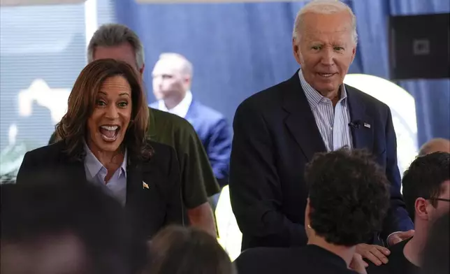 President Joe Biden and Democratic presidential nominee Vice President Kamala Harris campaign at the IBEW Local Union #5 union hall in Pittsburgh, on Labor Day, Monday, Sept. 2, 2024. (AP Photo/Susan Walsh)