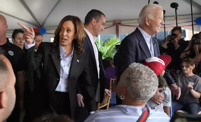 Democratic presidential nominee Vice President Kamala Harris campaigns with President Joe Biden at the IBEW Local Union #5 union hall in Pittsburgh, on Labor Day, Monday, Sept. 2, 2024. (AP Photo/Jacquelyn Martin)