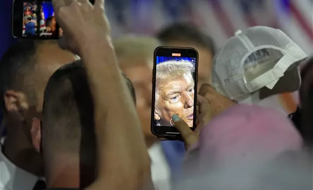 Republican presidential nominee former President Donald Trump greets supporters at a town hall with former Democratic Rep. Tulsi Gabbard, Thursday, Aug. 29, 2024, in La Crosse, Wis. (AP Photo/Morry Gash)