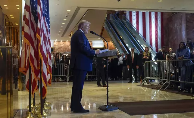 Republican presidential nominee former President Donald Trump speaks at Trump Tower in New York, Thursday, Sept. 26, 2024. (Seth Wenig)