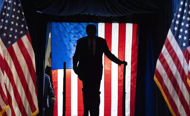 Republican presidential nominee former President Donald Trump arrives to speak at a campaign event at Nassau Coliseum, Wednesday, Sept.18, 2024, in Uniondale, N.Y. (AP Photo/Alex Brandon)