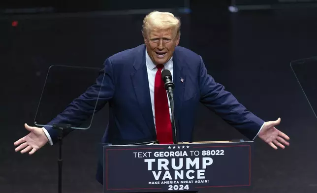 Republican presidential nominee former President Donald Trump speaks during a campaign event Tuesday, Sept. 24, 2024, in Savannah, Ga. (AP Photo/John Bazemore)