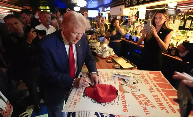 Republican presidential nominee former President Donald Trump makes a campaign stop at Pubkey Bar and Media House, Wednesday, Sept.18, 2024, in New York. (AP Photo/Alex Brandon)