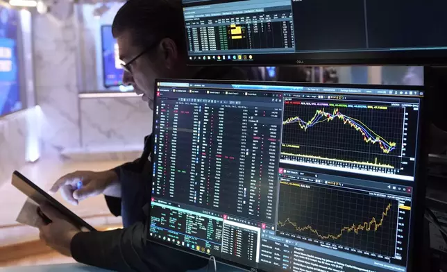 Trader Michael Capolino works on the floor of the New York Stock Exchange, Wednesday, Sept. 18, 2024. (AP Photo/Richard Drew)