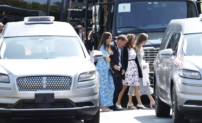 Family, including father Guy Gaudreau, arrives for the funeral services for Columbus Blue Jackets hockey player John Gaudreau and Matthew Gaudreau at Saint Mary Magdalen Church in Media, Pa., Monday, Sept. 9, 2024. (Yong Kim/The Philadelphia Inquirer via AP)