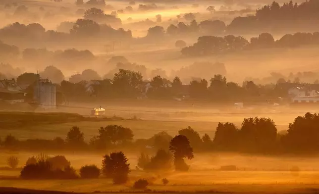 A train leaves the station of Wehrheim near Frankfurt, Germany, on a misty morning, Monday, Sept. 2, 2024. (AP Photo/Michael Probst)