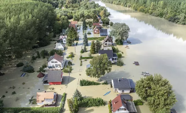 An aerial picture taken with a drone shows the flooded resort village of Venek and the swollen Danube River near Gyor, Hungary, Tuesday, September 17, 2024. (Gergely Janossy/MTI via AP)