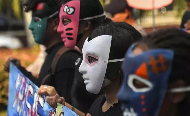 Masked activists take part in a Global Climate Strike rally in Jakarta, Indonesia, Friday, Sept. 27, 2024. (AP Photo/Dita Alangkara)