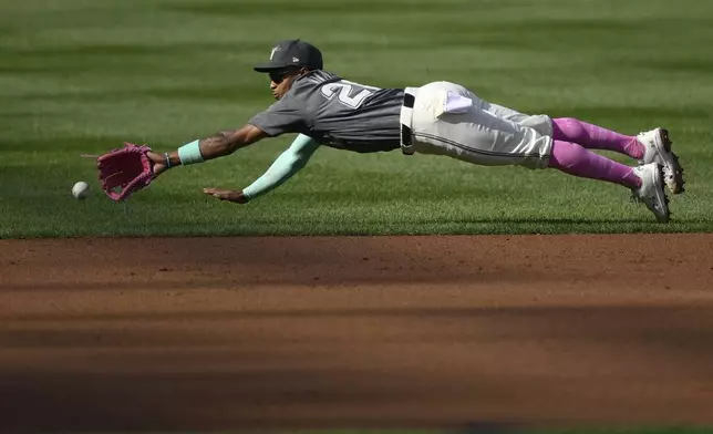 Washington Nationals shortstop Nasim Nunez leaps for a ball that went for a single by Miami Marlins' Javier Sanoja during the second inning of a baseball game, Saturday, Sept. 14, 2024, in Washington. (AP Photo/Nick Wass)