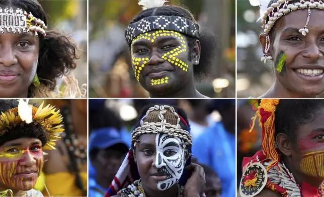 In this combination image made from six photographs, Papua New Guineans welcome Pope Frances in traditional attire in Port Moresby, Saturday, Sept. 7, 2024. (AP Photo/Mark Baker)