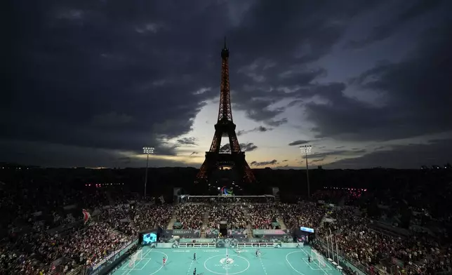 France and Argentina compete during the blind football gold medal match at the 2024 Paralympics, Saturday, Sept. 7, 2024, in Paris, France. (AP Photo/Christophe Ena)