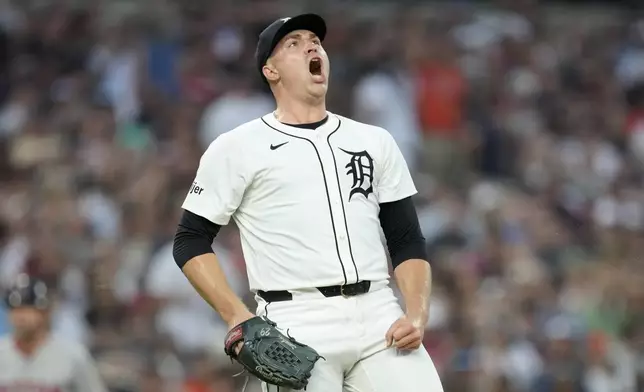 Detroit Tigers pitcher Tarik Skubal reacts to striking out Boston Red Sox's Ceddanne Rafaela in the eighth inning of a baseball game, Saturday, Aug. 31, 2024, in Detroit. (AP Photo/Paul Sancya)