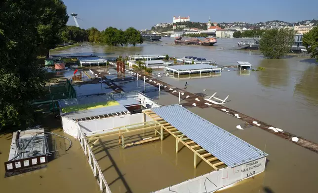 A view of a flooded area near the Danube river in Bratislava, Slovakia, Wednesday, Sept. 18, 2024. (AP Photo/Darko Bandic)