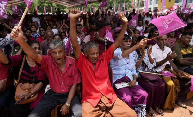 Supporters of National People's Power cheer their leader and presidential candidate Anura Kumara Dissanayake during a public rally in Dehiowita, Sri Lanka, Tuesday, Sept. 17, 2024. (AP Photo/Eranga Jayawardena)