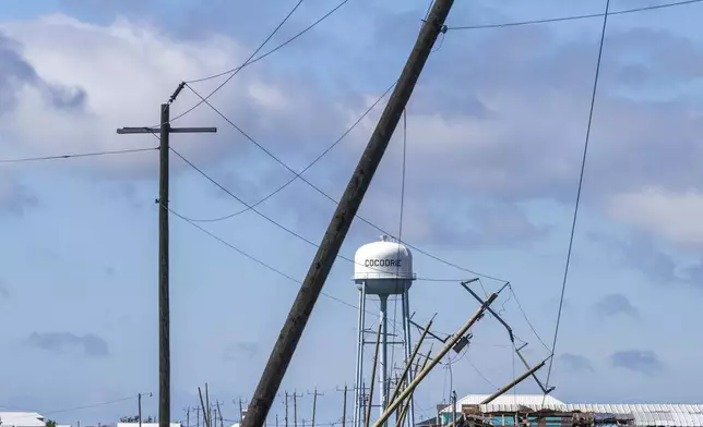 Utility poles lean from Hurricane Francine, Thursday, Sept. 12, 2024, in Terrebonne Parish, La. (Chris Granger/The Times-Picayune/The New Orleans Advocate via AP)