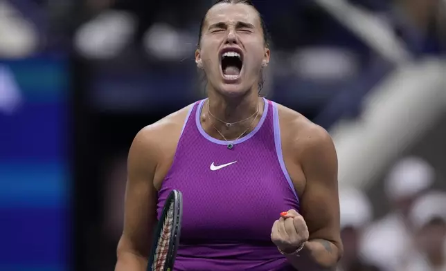 Aryna Sabalenka, of Belarus, reacts against Jessica Pegula, of the United States, during the women's singles final of the U.S. Open tennis championships, Saturday, Sept. 7, 2024, in New York. (AP Photo/Frank Franklin II)