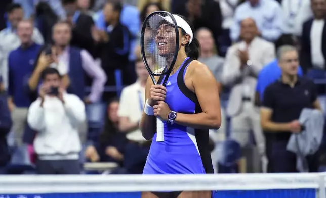 Jessica Pegula, of the United States, reacts after defeating Iga Świątek, of Poland, during the quarterfinals of the U.S. Open tennis championships, Wednesday, Sept. 4, 2024, in New York. (AP Photo/Eduardo Munoz Alvarez)