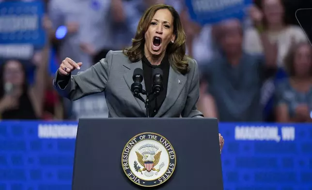 Democratic presidential nominee Vice President Kamala Harris speaks at a campaign event Friday, Sept. 20, 2024, in Madison, Wis. (AP Photo/Morry Gash)