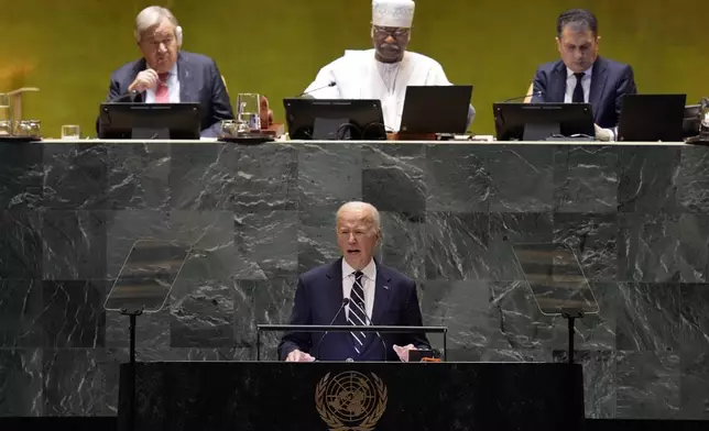 United States President Joe Biden addresses the 79th session of the United Nations General Assembly, Tuesday, Sept. 24, 2024. (AP Photo/Richard Drew)