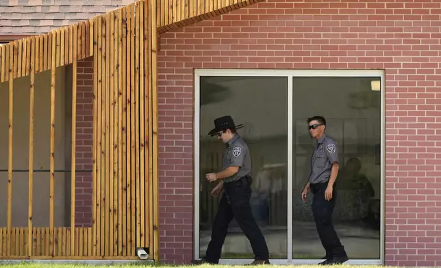 Security personnel stand outside a recently opened Planned Parenthood clinic, Tuesday, Sept. 10, 2024, in Pittsburg, Kan. (AP Photo/Charlie Riedel)