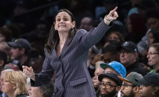 New York Liberty head coach Sandy Brondello reacts during the first half of a WNBA basketball second-round playoff game against the Las Vegas Aces, Sunday, Sept. 29, 2024, in New York. (AP Photo/Corey Sipkin)