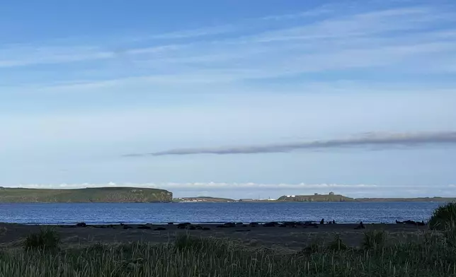 This undated photo provided by Aleut Community of St. Paul Island Ecosystem Conservation Office shows a view of St. Paul Island, Alaska, including the developed area that includes homes and water towers. (Aleut Community of St. Paul Island Ecosystem Conservation Office via AP)