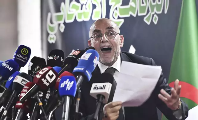 Presidential candidate of the Movement of Society for Peace (MSP), Hassani Cherif Abdelaâli, speaks at a press conference after the presidential elections results were announced, Monday, Sept. 9, 2024, in Algiers, Algeria. After being declared the winner of Algeria's election, President Abdelmadjid Tebboune joined his two challengers in criticizing the country's election authority for announcing results that contradicted earlier turnout figures and local tallies. (AP Photo/Fateh Guidoum)