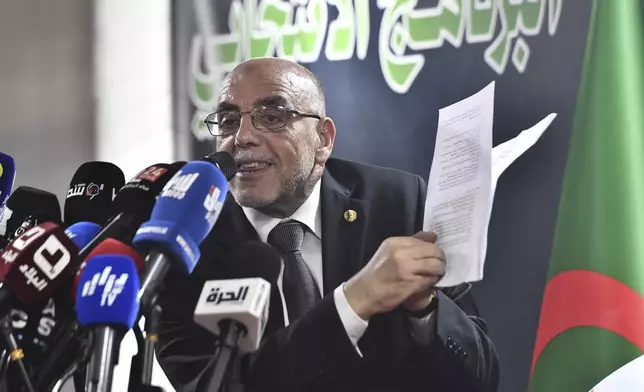 Presidential candidate of the Movement of Society for Peace (MSP), Hassani Cherif Abdelaâli, speaks at a press conference after the presidential elections results were announced, Monday, Sept. 9, 2024, in Algiers, Algeria. After being declared the winner of Algeria's election, President Abdelmadjid Tebboune joined his two challengers in criticizing the country's election authority for announcing results that contradicted earlier turnout figures and local tallies. (AP Photo/Fateh Guidoum)