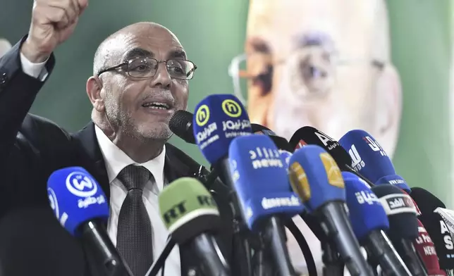 Presidential candidate of the Movement of Society for Peace (MSP), Hassani Cherif Abdelaâli, speaks at a press conference after the presidential elections results were announced, Monday, Sept. 9, 2024, in Algiers, Algeria. After being declared the winner of Algeria's election, President Abdelmadjid Tebboune joined his two challengers in criticizing the country's election authority for announcing results that contradicted earlier turnout figures and local tallies. (AP Photo/Fateh Guidoum)