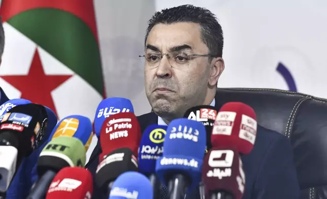 Presidential candidate and leader of the FFS party, Youcef Aouchich, speaks at a press conference after the presidential elections results were announced, Monday, Sept. 9, 2024, in Algiers, Algeria. After being declared the winner of Algeria's election, President Abdelmadjid Tebboune joined his two challengers in criticizing the country's election authority for announcing results that contradicted earlier turnout figures and local tallies. (AP Photo/Fateh Guidoum)