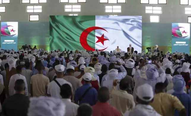 Algerian president and candidate for re-election Abdelmajid Tebboune delivers a speech as part of his campaign for the upcoming presidential election, in Djanet, Algeria, Thursday, Aug. 29, 2024. (AP Photo)