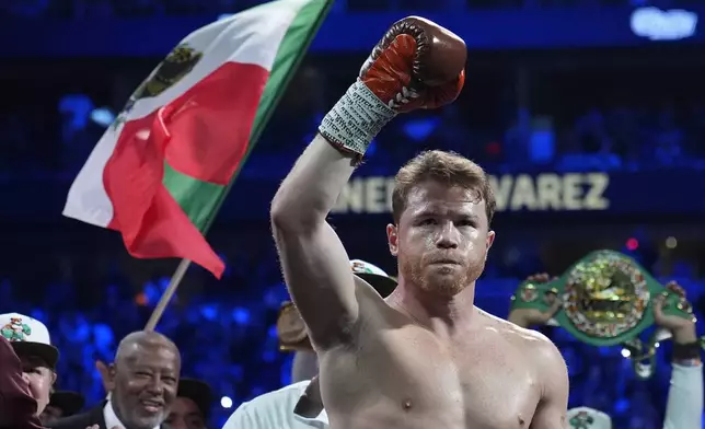 Canelo Alvarez reacts before fighting Edgar Berlanga in a super middleweight title bout Saturday, Sept. 14, 2024, in Las Vegas. (AP Photo/John Locher)