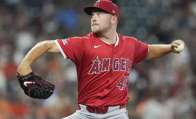 Los Angeles Angels starting pitcher Reid Detmers throws against the Houston Astros during the first inning of a baseball game, Saturday, Sept. 21, 2024, in Houston. (AP Photo/Eric Christian Smith)