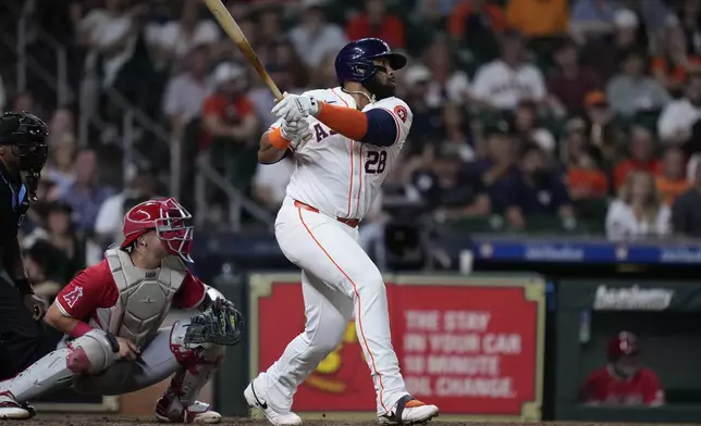 Houston Astros' Jon Singleton hits a two-run double during the eighth inning of a baseball game against the Los Angeles Angels, Thursday, Sept. 19, 2024, in Houston. (AP Photo/Kevin M. Cox)