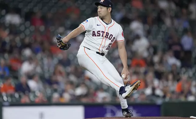 Houston Astros starting pitcher Yusei Kikuchi delivers during the first inning of a baseball game against the Los Angeles Angels, Thursday, Sept. 19, 2024, in Houston. (AP Photo/Kevin M. Cox)