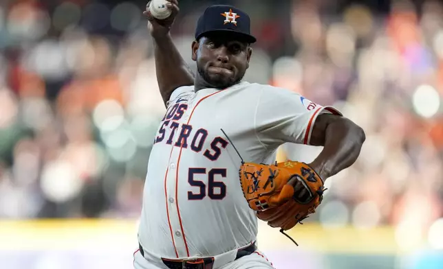 Houston Astros starting pitcher Ronel Blanco throws against the Los Angeles Angels during the first inning of a baseball game, Saturday, Sept. 21, 2024, in Houston. (AP Photo/Eric Christian Smith)