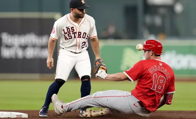 Los Angeles Angels' Nolan Schanuel (18) slides into second for a double past Houston Astros second baseman Jose Altuve during the first inning of a baseball game, Saturday, Sept. 21, 2024, in Houston. (AP Photo/Eric Christian Smith)