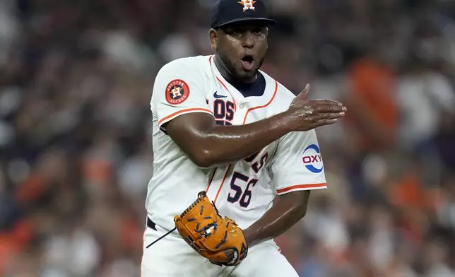 Houston Astros starting pitcher Ronel Blanco reacts after striking out Los Angeles Angels' Jack Lopez to end the top of the sixth inning of a baseball game Saturday, Sept. 21, 2024, in Houston. (AP Photo/Eric Christian Smith)