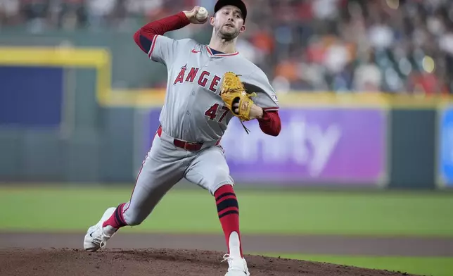 Los Angeles Angels starting pitcher Griffin Canning delivers during the first inning of a baseball game against the Houston Astros, Sunday, Sept. 22, 2024, in Houston. (AP Photo/Kevin M. Cox)