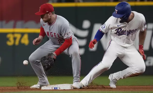 Texas Rangers Wyatt Langford, right, reaches second against Los Angeles Angels second baseman Brandon Drury, left, for a double that scored Rangers Josh Jung during the eighth inning of a baseball game Saturday, Sept. 7, 2024, in Arlington, Texas. (AP Photo/LM Otero)