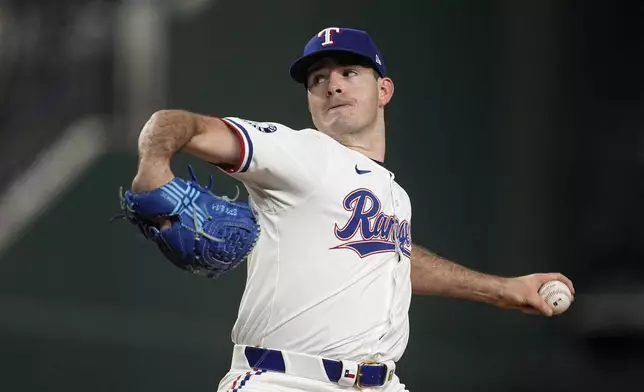 Texas Rangers starting pitcher Cody Bradford throws to the Los Angeles Angels in the first inning of a baseball game Thursday, Sept. 5, 2024, in Arlington, Texas. (AP Photo/Tony Gutierrez)