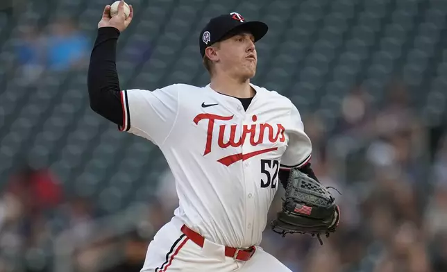 Minnesota Twins starting pitcher Zebby Matthews delivers during the first inning of a baseball game against the Los Angeles Angels, Wednesday, Sept. 11, 2024, in Minneapolis. (AP Photo/Abbie Parr)