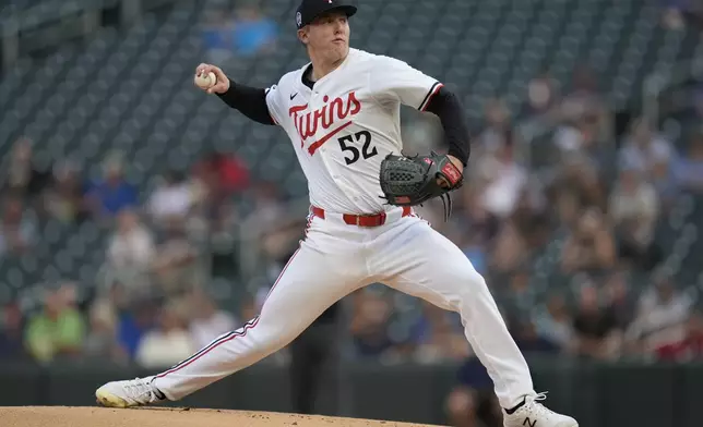 Minnesota Twins starting pitcher Zebby Matthews delivers during the first inning of a baseball game against the Los Angeles Angels, Wednesday, Sept. 11, 2024, in Minneapolis. (AP Photo/Abbie Parr)